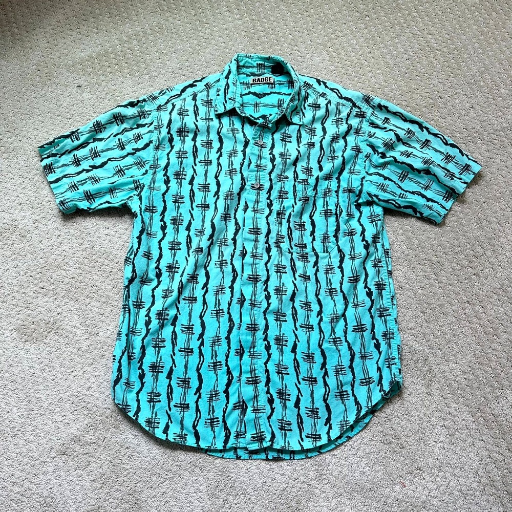 Vintage Short‎ Sleeve Button Shirt Men's M Abstract Barbed Wire Print Teal 90s